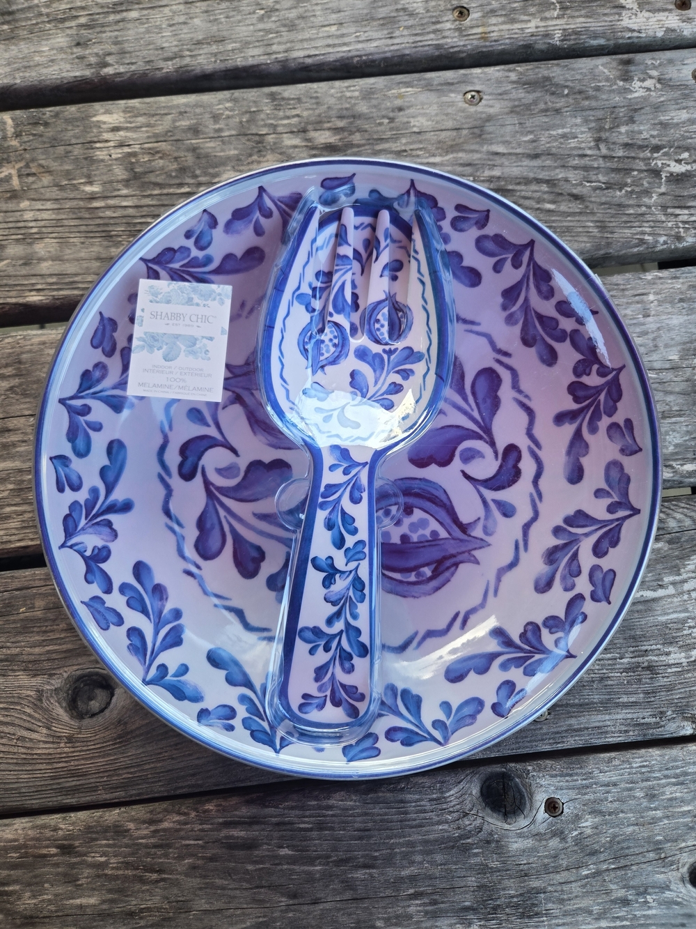 NEW Shabby Chic Blue & White Floral Melamine Serving Bowl Set